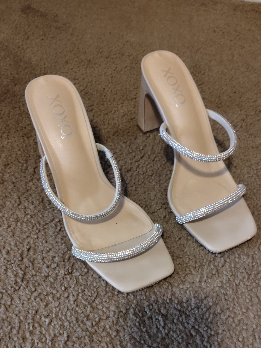 XOXO Nude Rhinestone Double-Strap Block Heel Sandals
